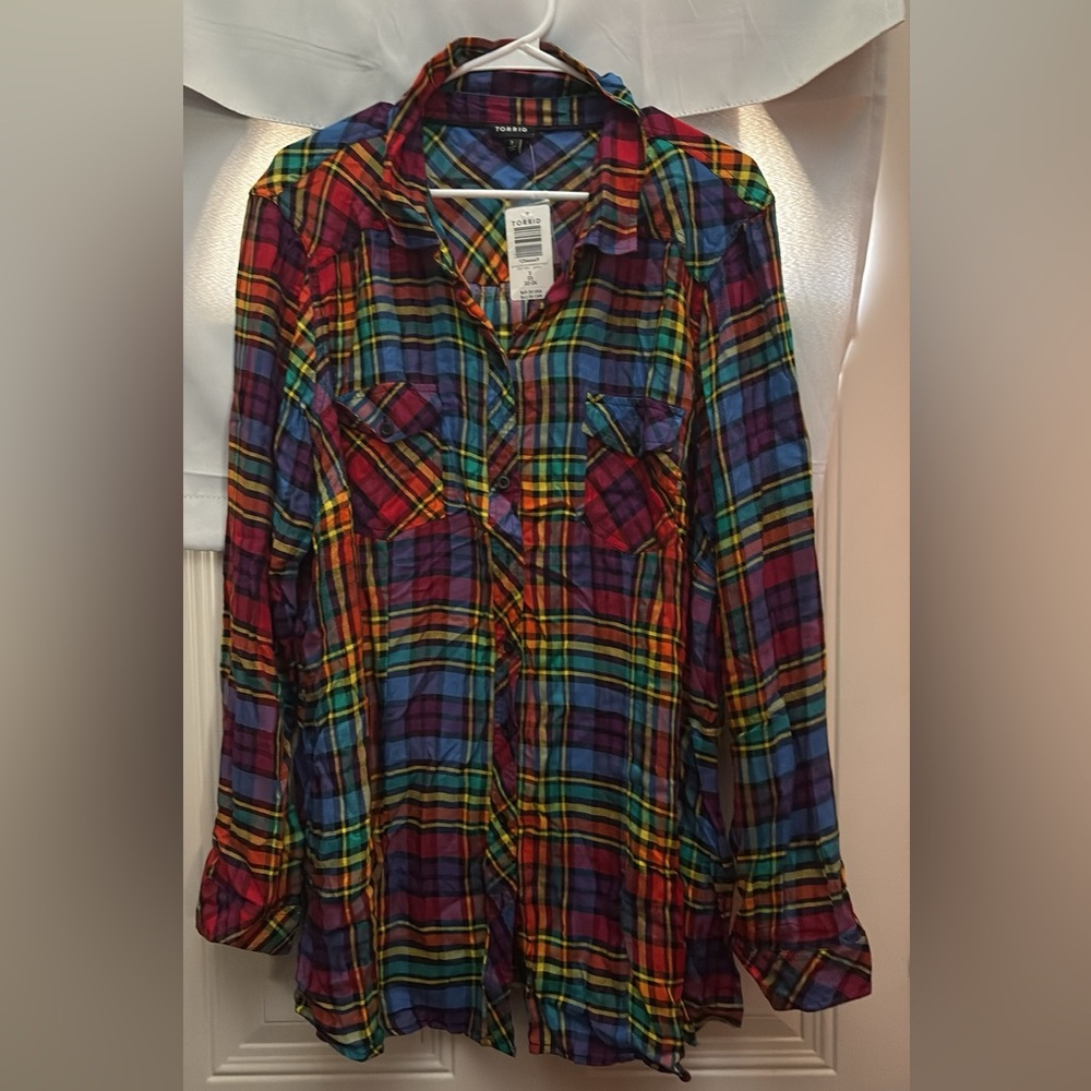 Torrid Rainbow Plaid Button-Up Shirt – Size 3X (22-24) – NWT